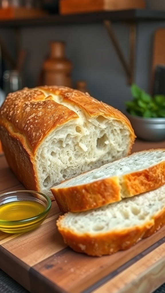 A golden brown loaf of homemade bread sliced on a wooden board, with olive oil and herbs in the background.